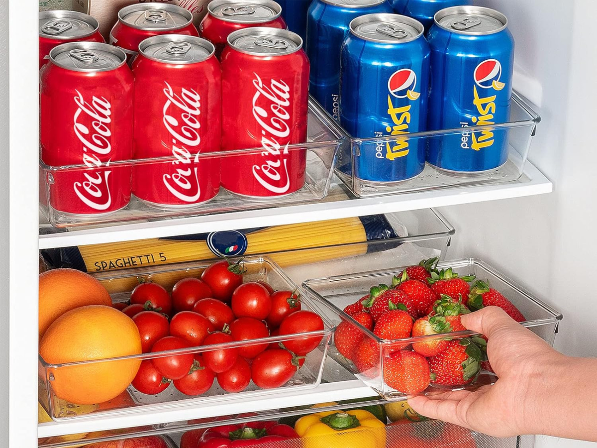 plastic organizers with food in fridge