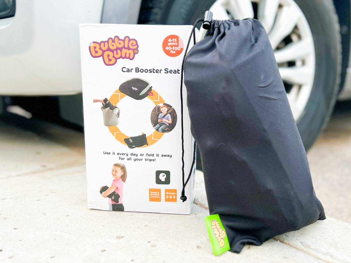 display of bubble bum car booster seat displayed outside of the car