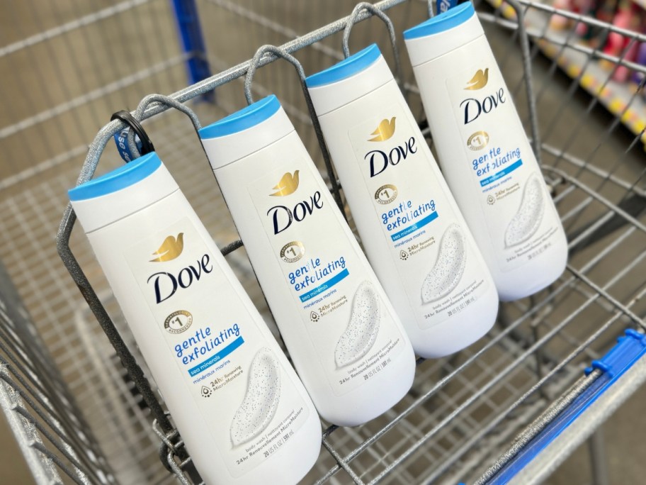 4 bottles of Dove Gentle Exfoliating w/ Sea Mineral Body Wash in a shopping cart