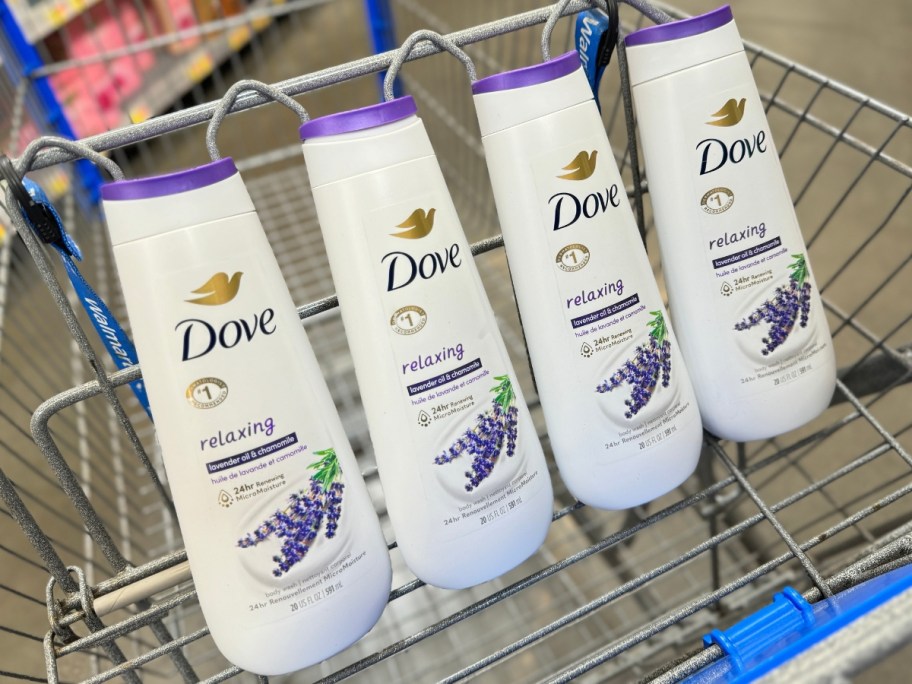 4 bottles of Dove Relaxing Lavender Oil & Chamomile Body Wash in a shopping cart
