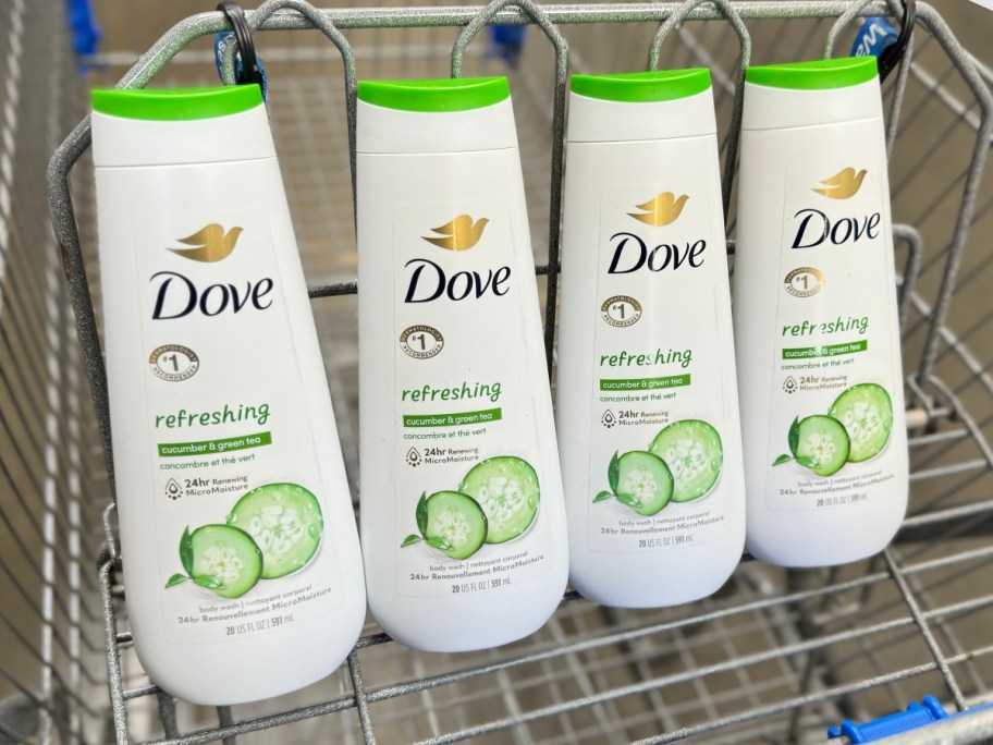 4 bottles of Dove Refreshing Cucumber and Green Tea Body Wash in a shopping cart