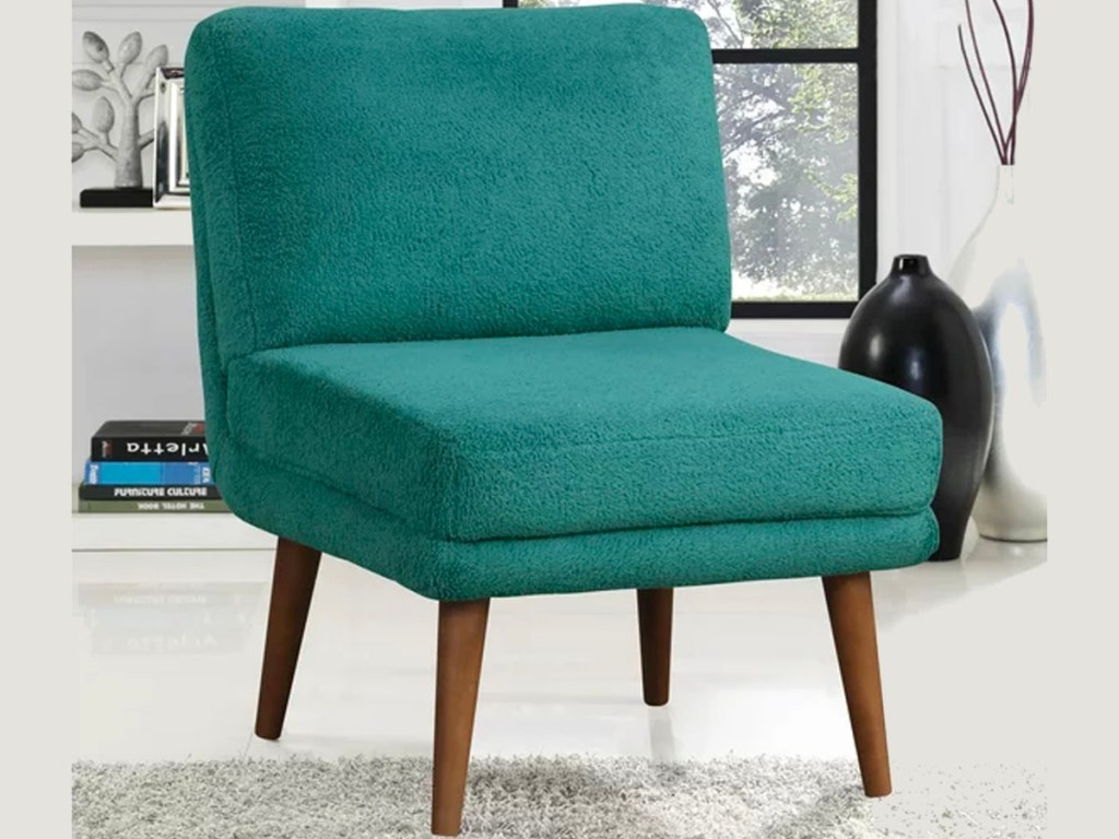 teal accent chair with wood legs 