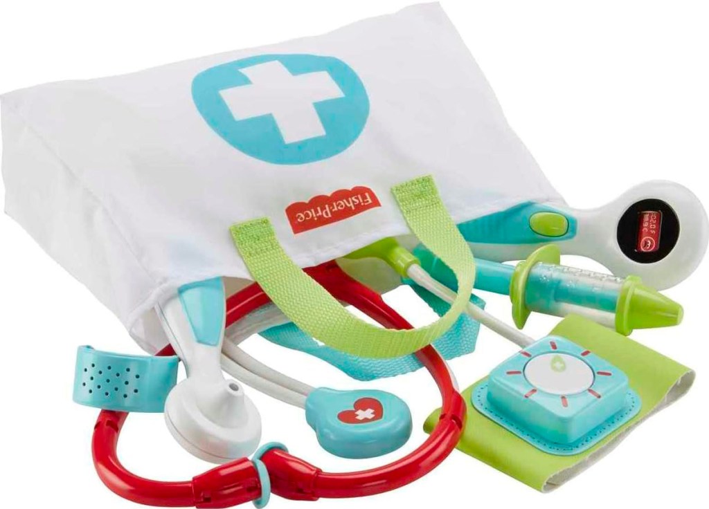 fisher price doctor play kit with pieces coming out of bag