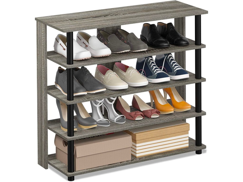5 tier gray wooden shoe rack full of shoes