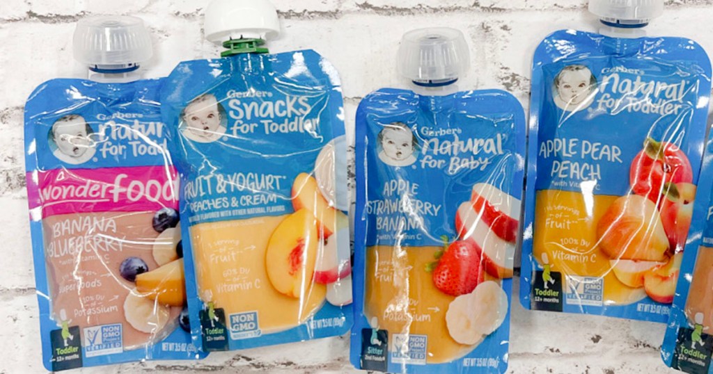 gerber toddler pouches in a row on table
