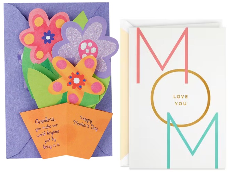 Mother's Day cards, 1 flower pot with flowers and a purple envelope and one white with Mom in colorful letters and yellow envelope