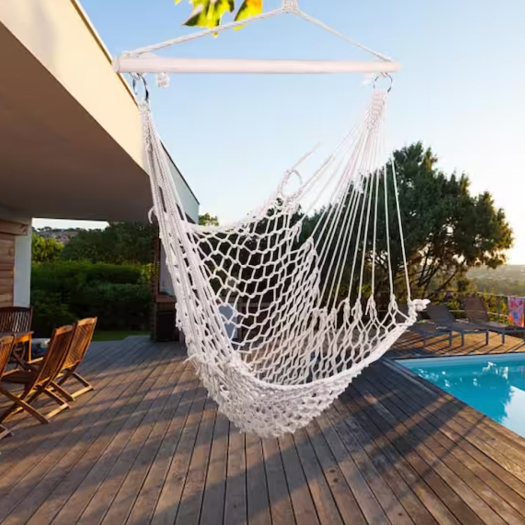 woven rope hammock chair near pool