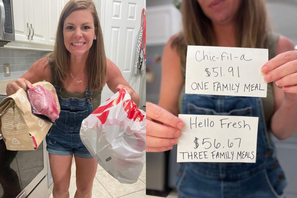 woman holding up fast food and comparing price