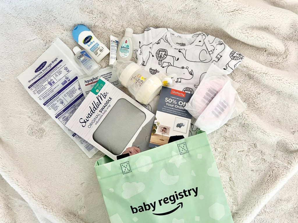 Amazon Baby Registry bag with goodies spilling out of it
