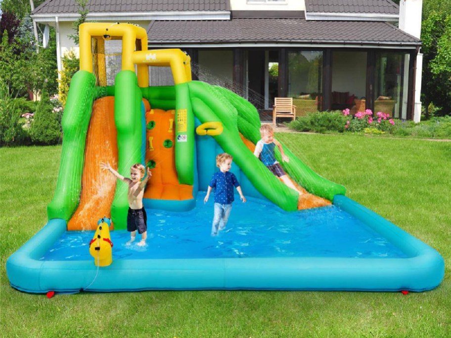 inflatable slide outside in backyard