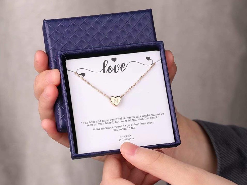 initial necklace in a giftbox