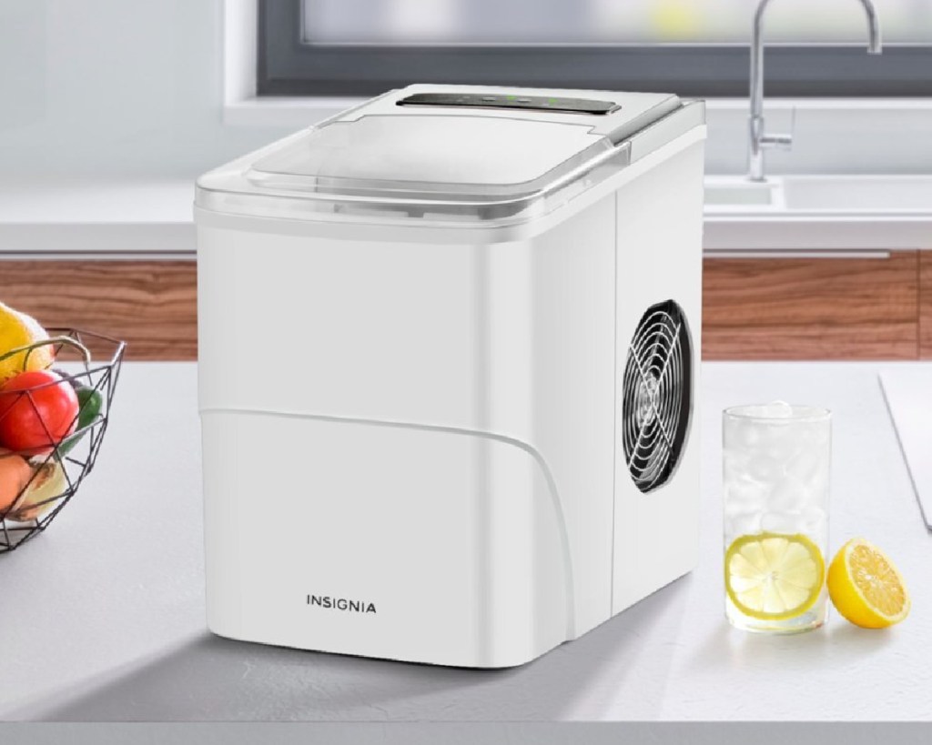 white ice maker in white counter