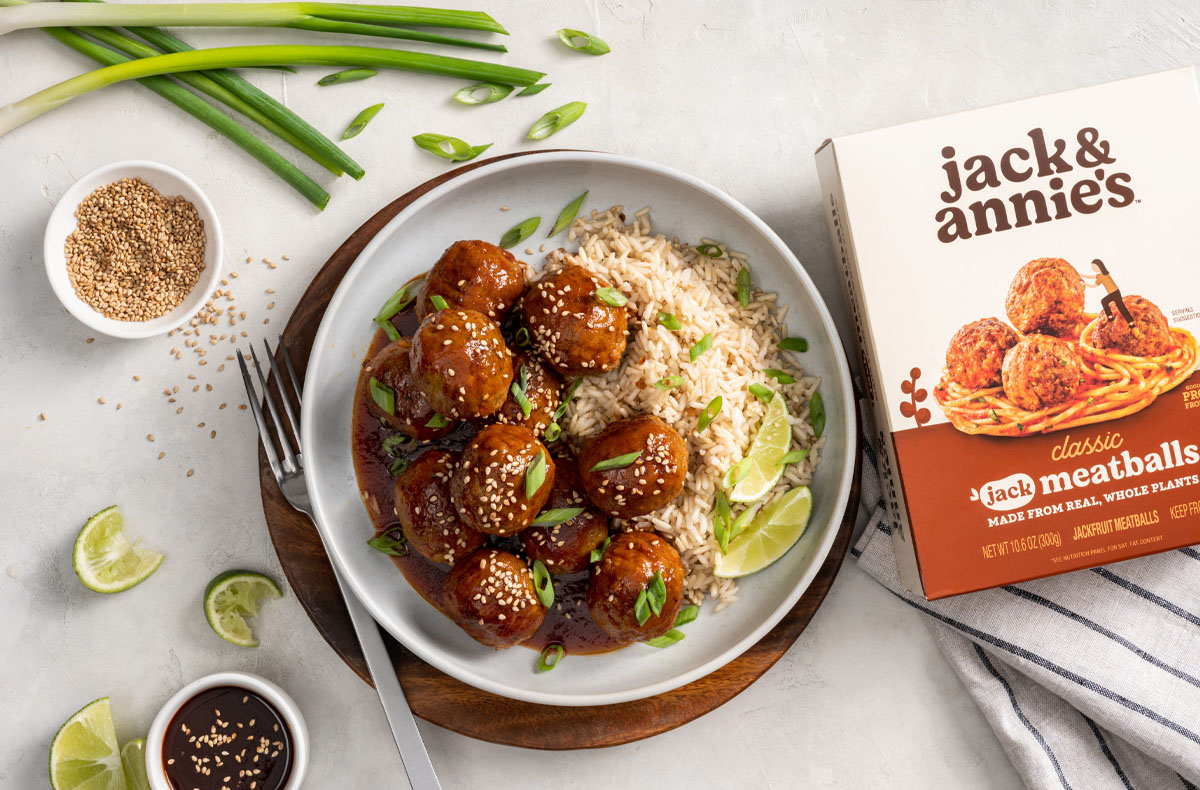 jack and annies meatballs in bowl with with rice next to box