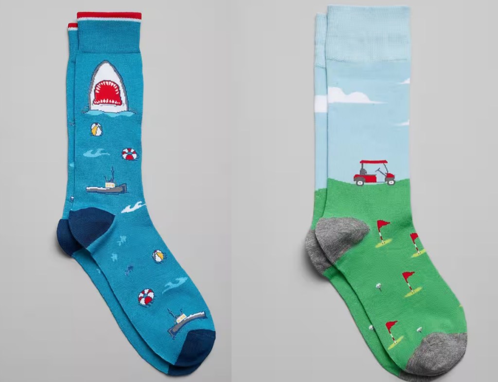 shark print and golf cart print mens dress socks