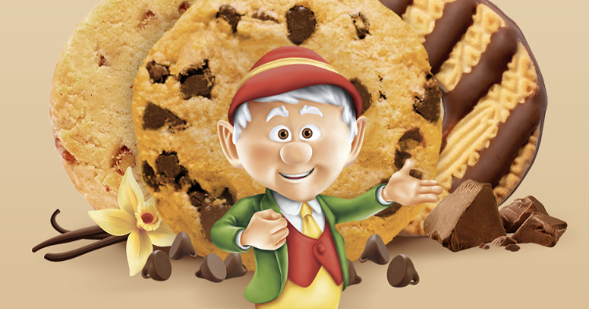 keebler cookies elf in front of three cookies