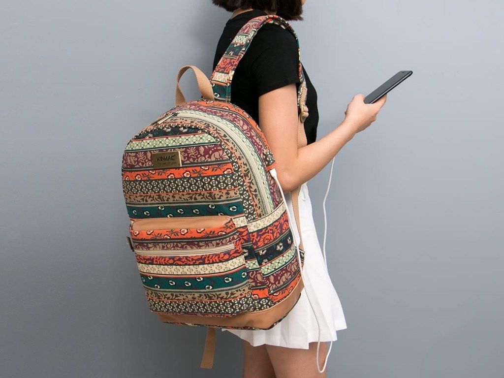 wearing a boho-chic backpack