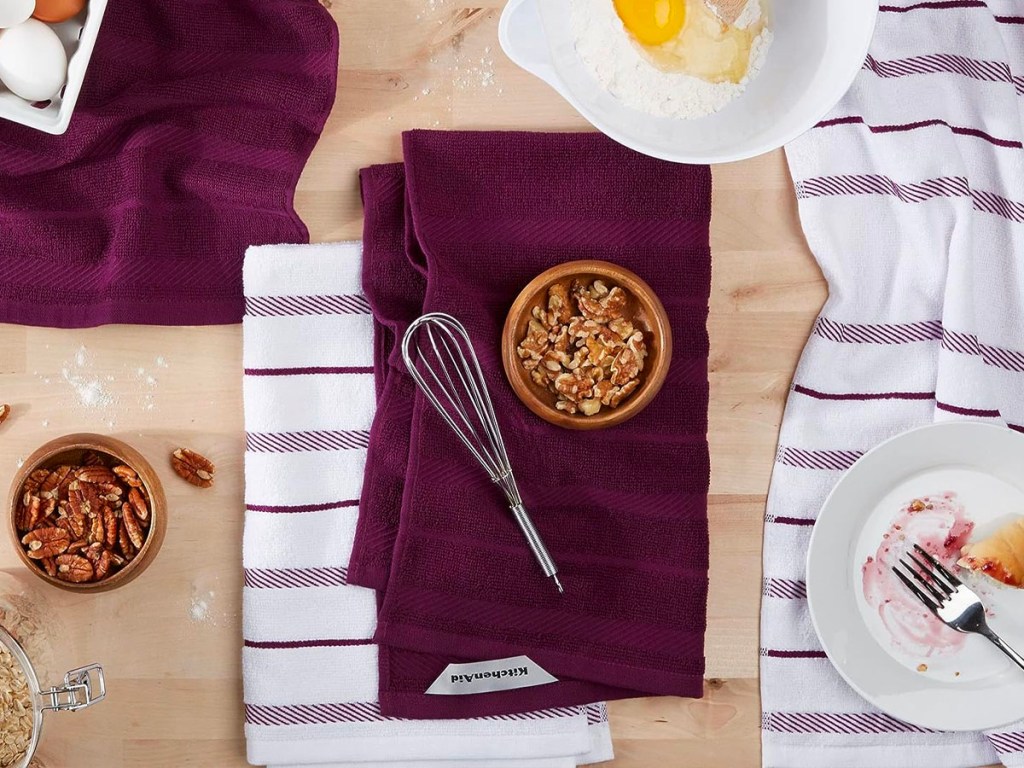 purple and white kitchenaid towels