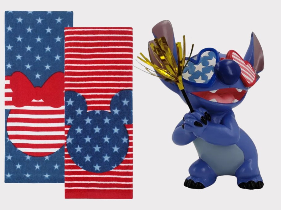 Disney Mickey & Minnie patriotic kitchen towels and a Stitch patriotic figure