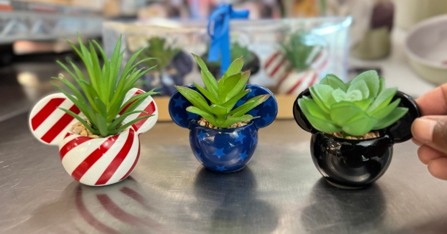 Red, white & Blue Disney Mickey Mouse head succulent planters with faux succulents