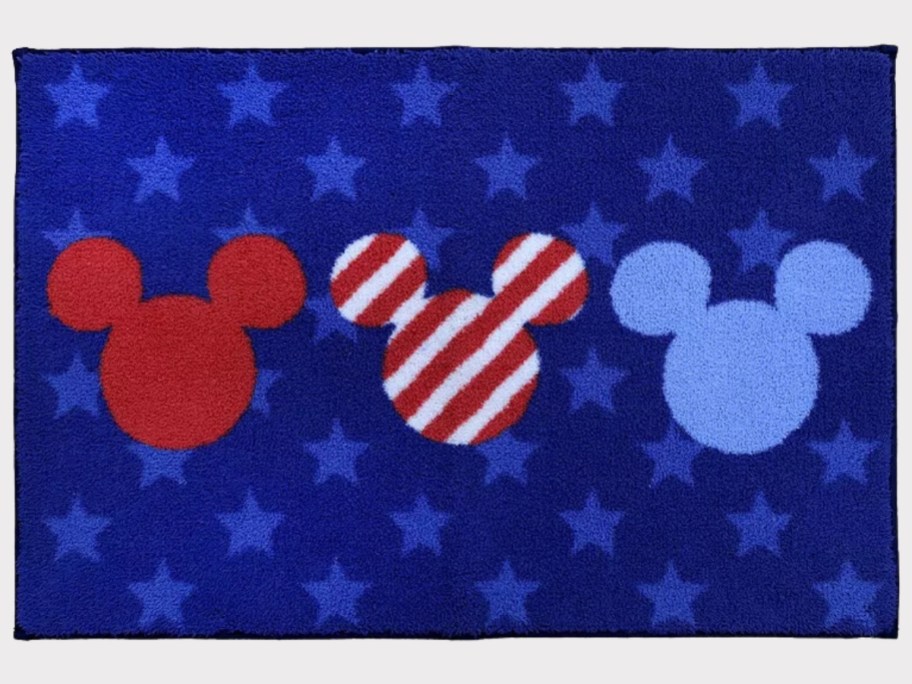 blue star rug with red, red & white stripe and blue Mickey Mouse heads