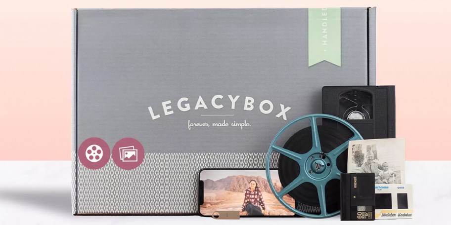 legacybox with videos and phone in front of it
