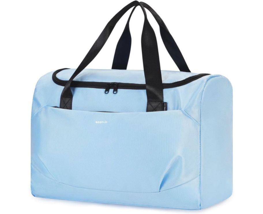 light blue carry on duffle on white background