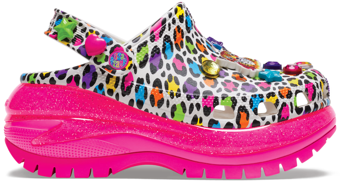 colorful Crocs clog with pink sole