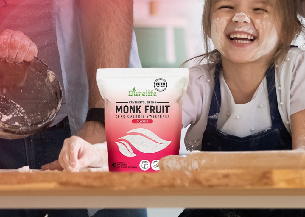 little girl baking with monk fruit bag