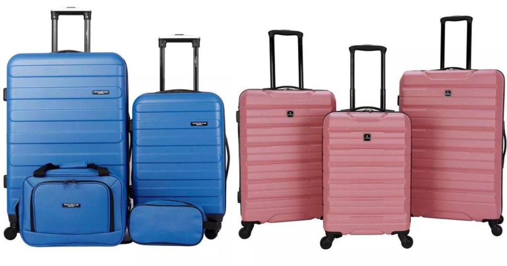 4 piece blue luggage set and 3 piece pink luggage set