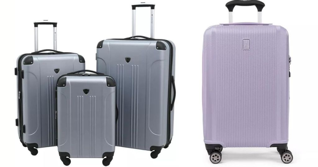 3 silver luggage with wheels and purple luggage with wheeles