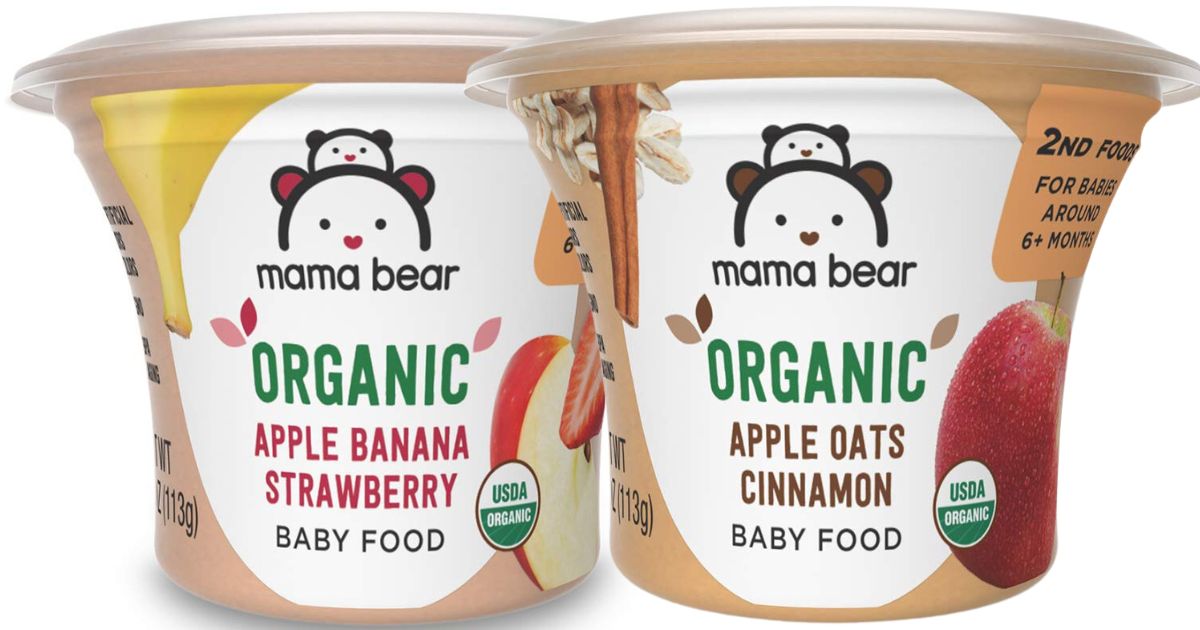 jar of mama bear apple banana strawberry and apple oats cinnamon baby food