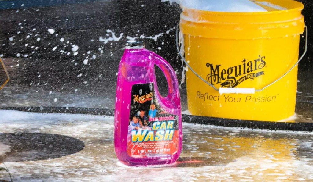 meguiar's car wash in front of a yellow bucket