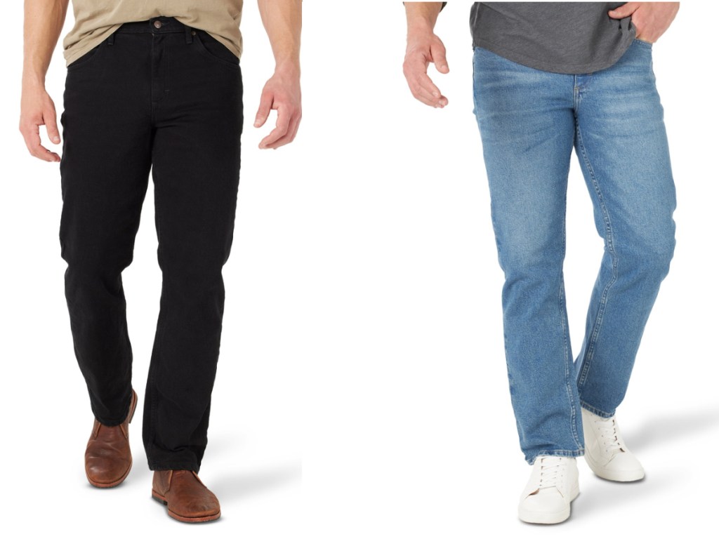 men wearing wrangler jeans in different colors