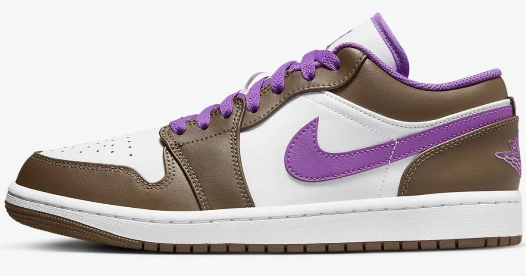brown and white and purple air jordans