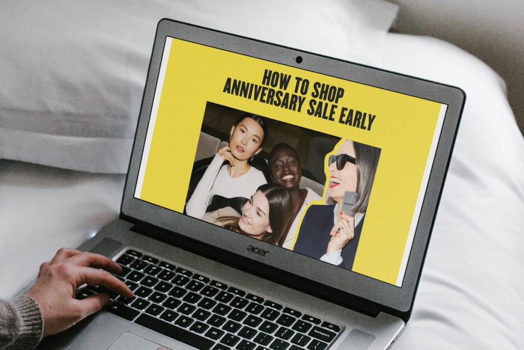 laptop on bed with how to shop the nordstrom anniversary sale on screen