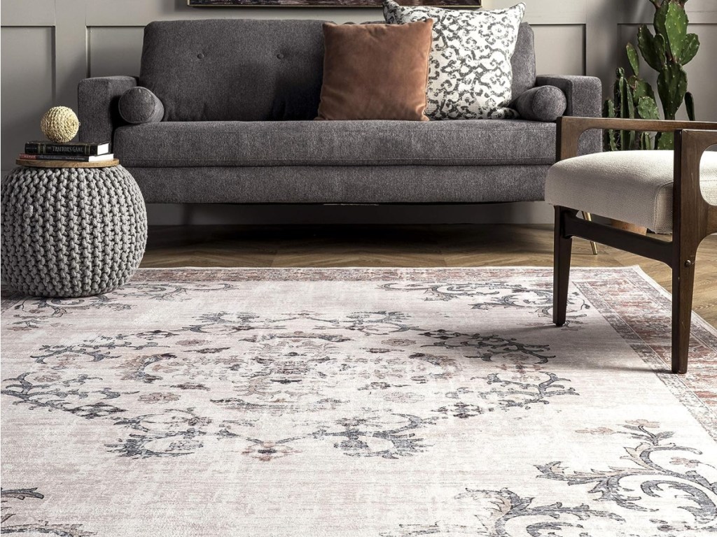 nuLOOM Layna Machine Washable Distressed Vintage 5'x 8' Area Rug with furniture in the room