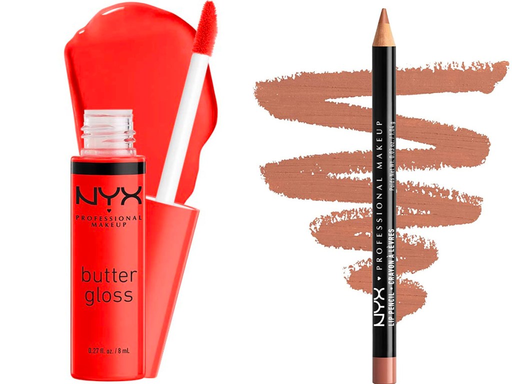 red nyx butter gloss and brown lip pencil stock images
