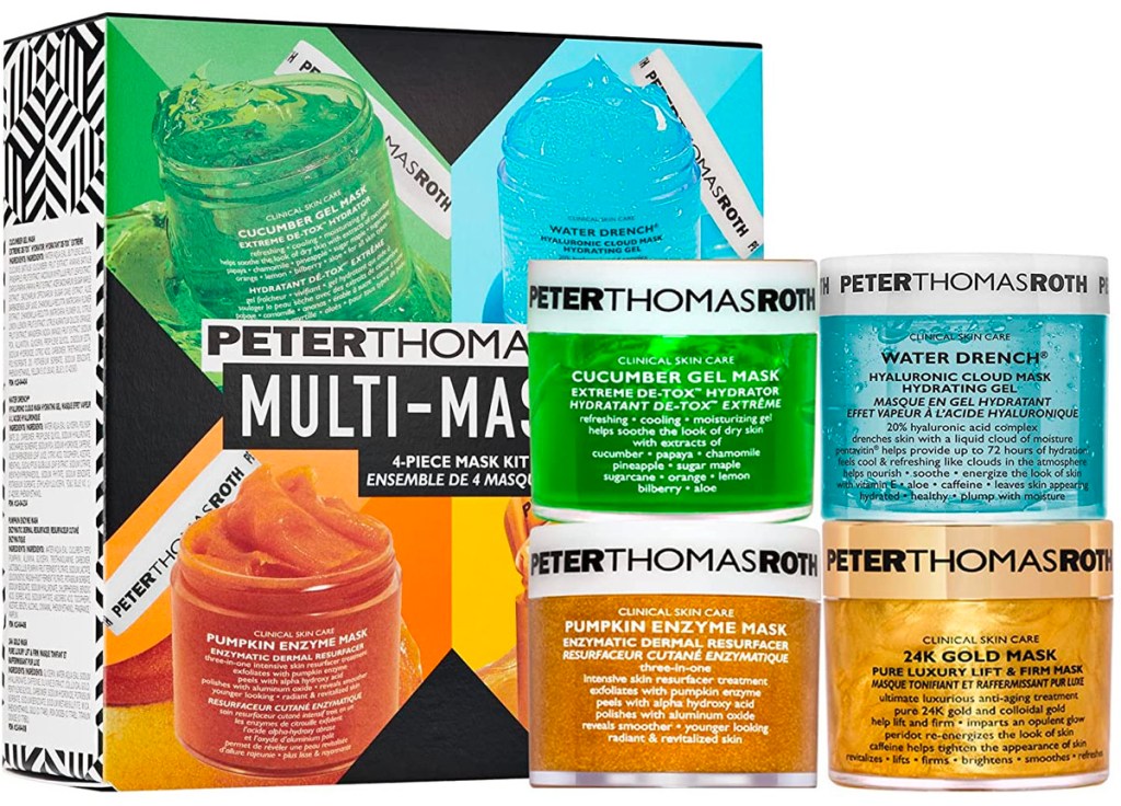 peter thomas multi-masks box with 4 masks sitting in front of it