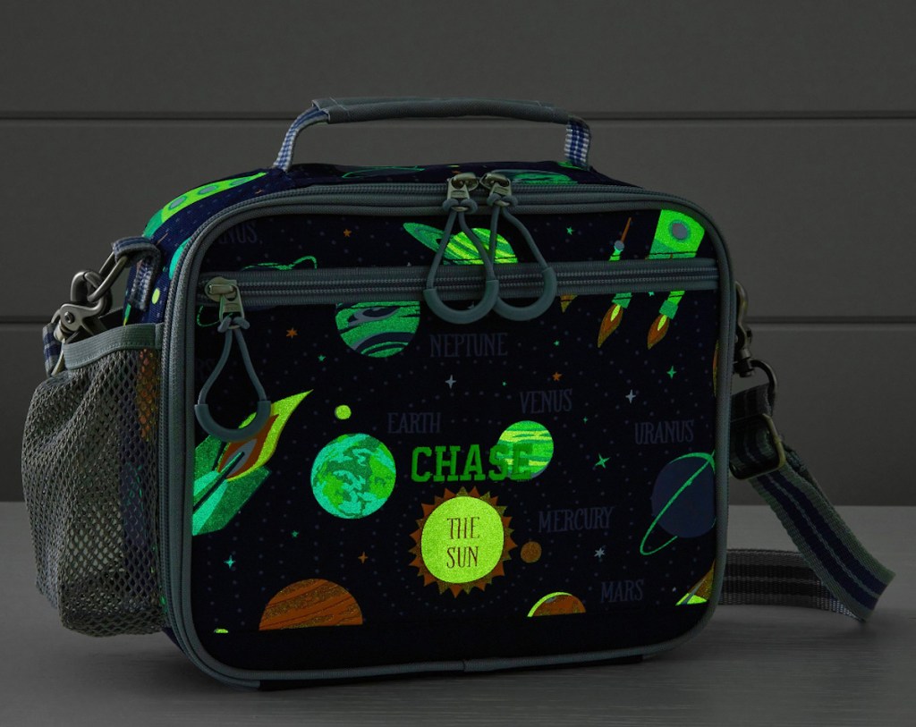 glow in the dark solar system kids lunch bag on counter