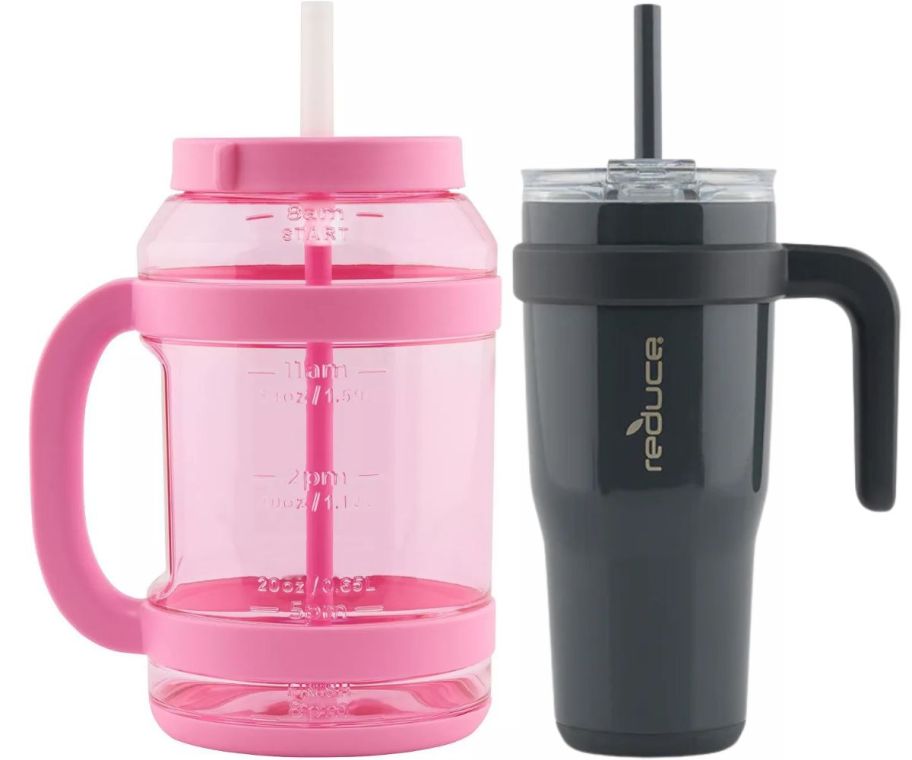 a large pink water jug and a black 40 oz tumbler