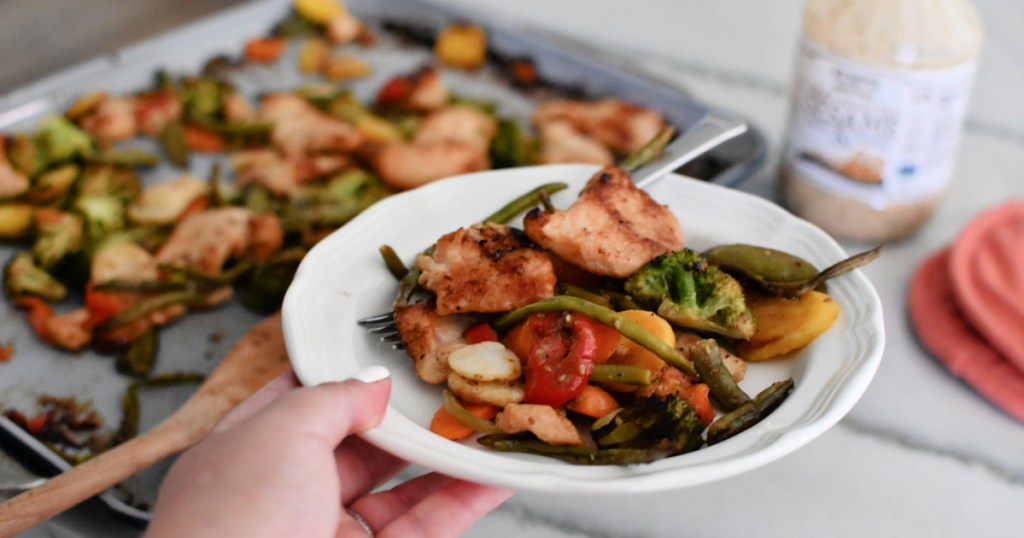 roasted veggies and chicken sheet pan meat with costco items