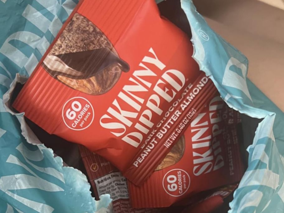 SkinnyDipped Dark Chocolate Peanut Butter Almonds Mini Bags in bag