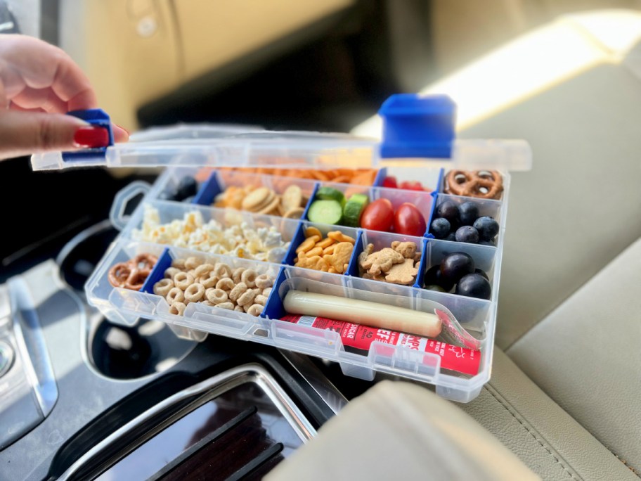 A travel tackle case filled with snacks and charcuterie items