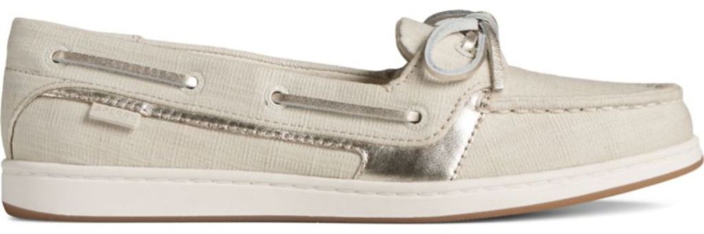 off white and silver sperry boat shoe