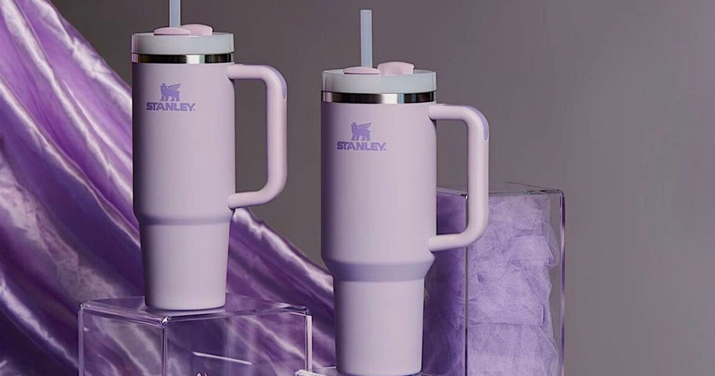 stanley flowstate cups in orchid color on stands