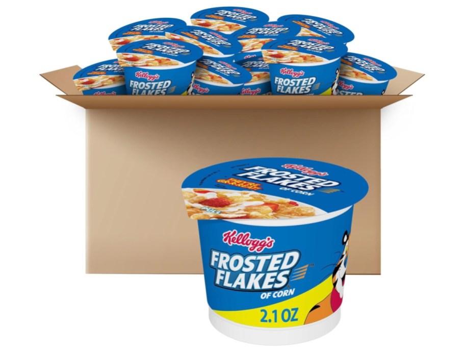 stock image Kellogg's Frosted Flakes Breakfast Cereal Cups 12 Pack a box behind it
