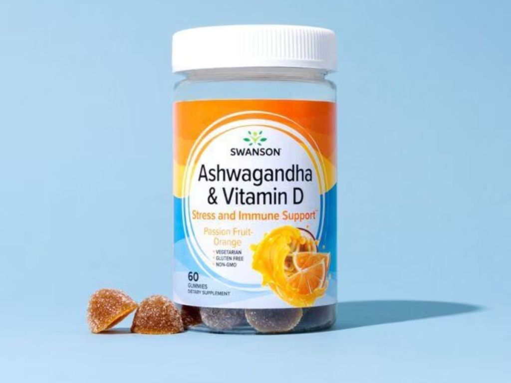 Swanson Ashwagandha & Vitamin D bottle with blue background