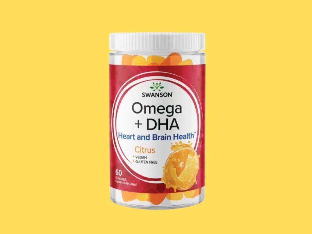 bottle of Swanson Omega +dha gummies with yellow background