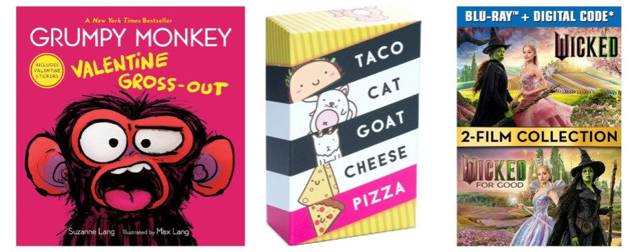 valentines book, taco cat game, and wicked movie