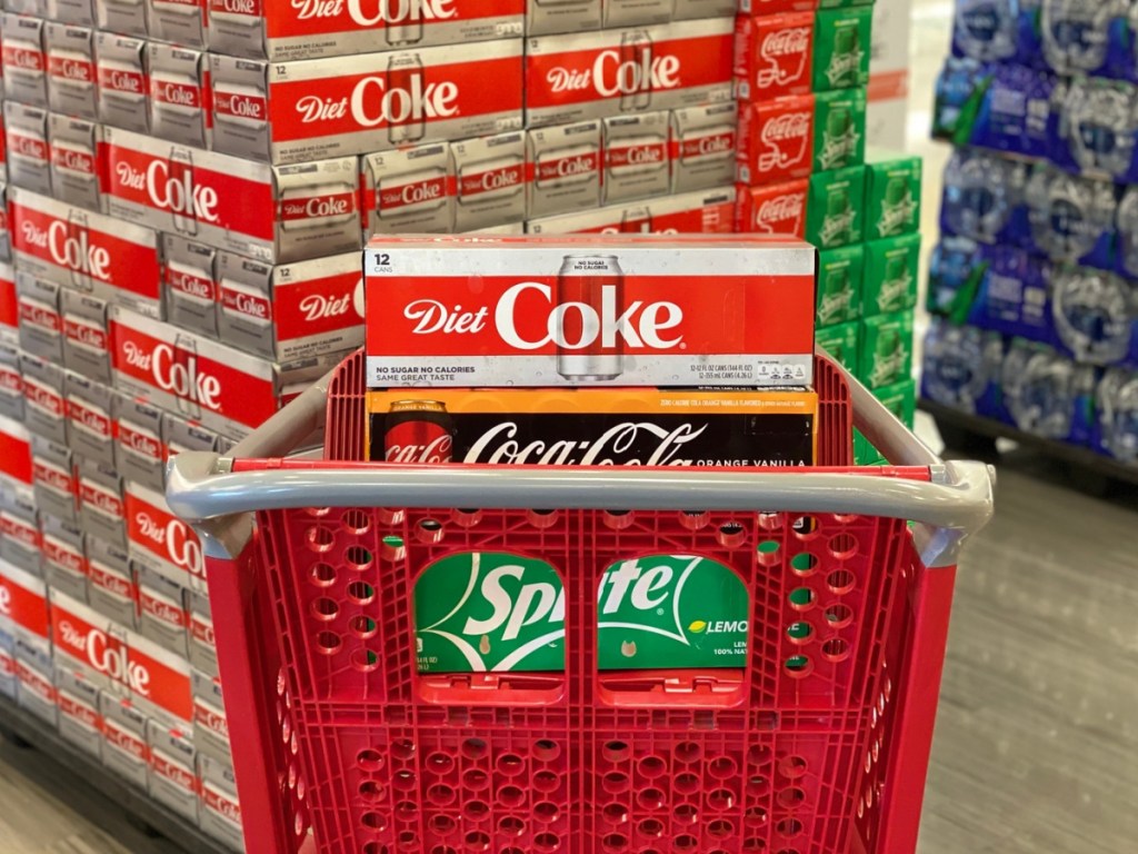 target cart filled with boxes of soda 12 packs